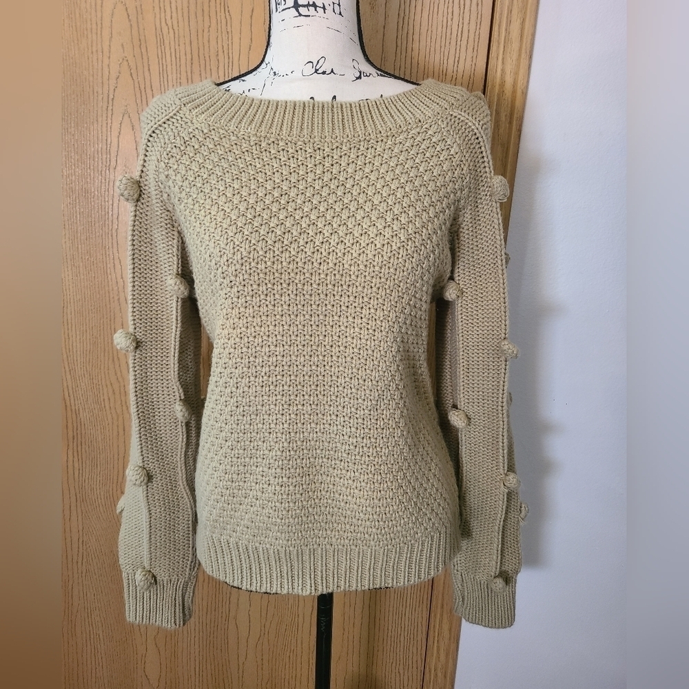 Hem & Thread Beige Pom Pom Sleeve Chunky Knit Sweater